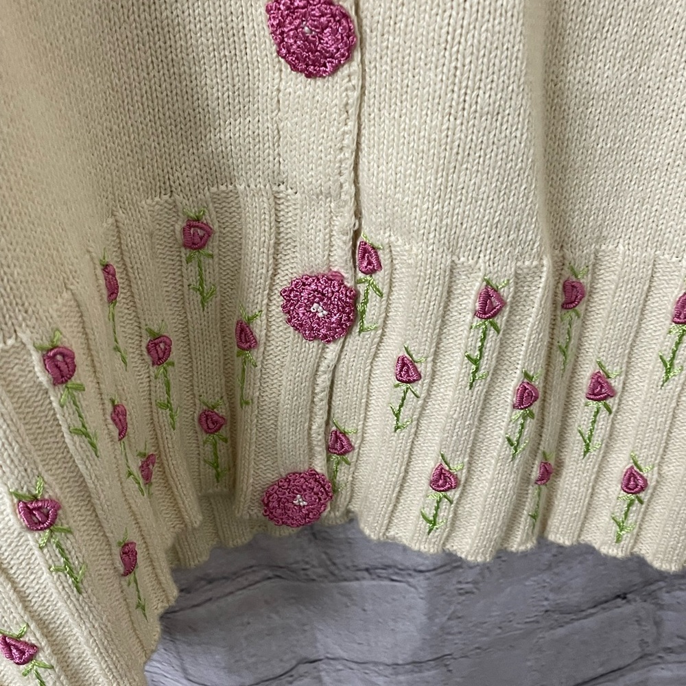 Vintage HSN Storybook Knits Ivory Sweater Jacket Floral with Beading Size Medium - Picture 4 of 7